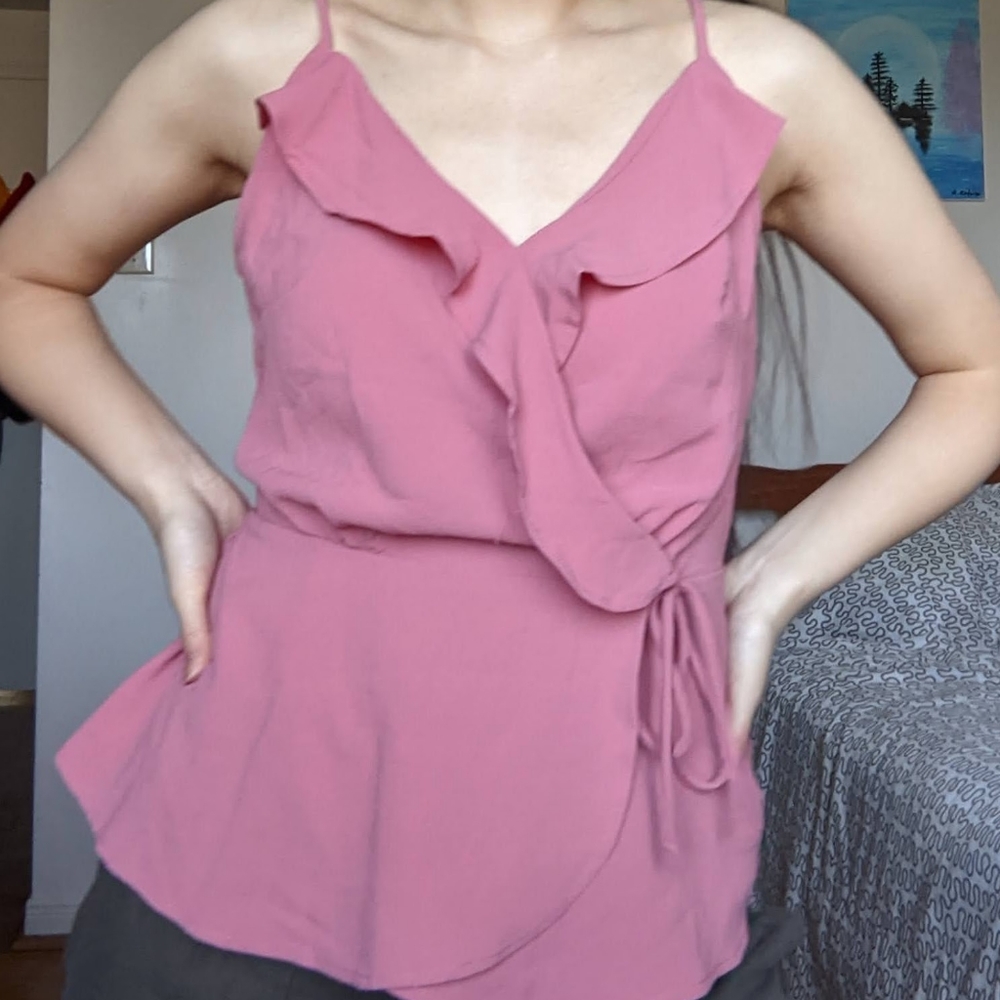 Pink cross over spaghetti strap v-neck tank